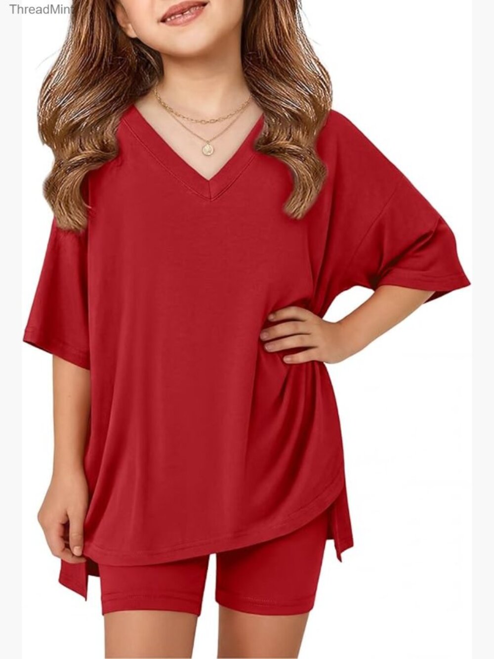 Girls 2 Piece Set Oversized V Neck Tee and Biker Shorts